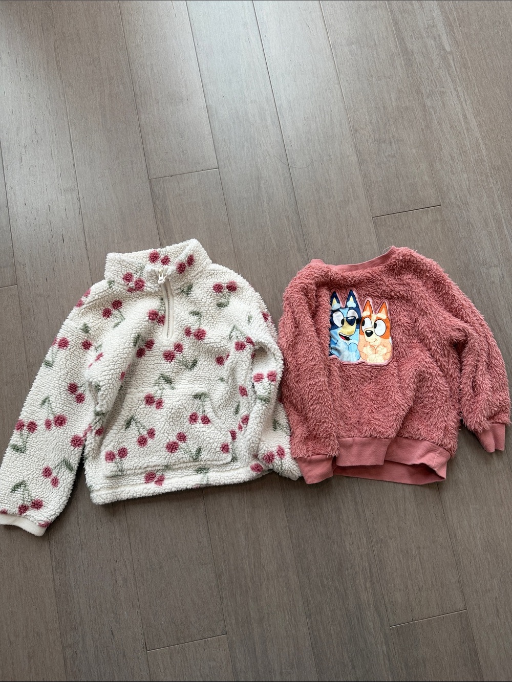 Kids Plush Pullover Sweater - Pink Blue & Cream w Cherries 5T